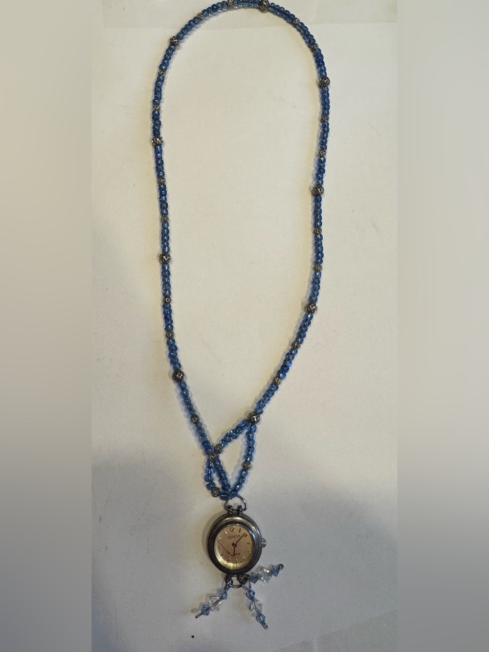 Geneva Blue Beaded Necklace Watch with Crystal Dangles